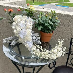 Vtg Wedding Bouquet Artificial ivory roses, wisteria garland cascading 90’s